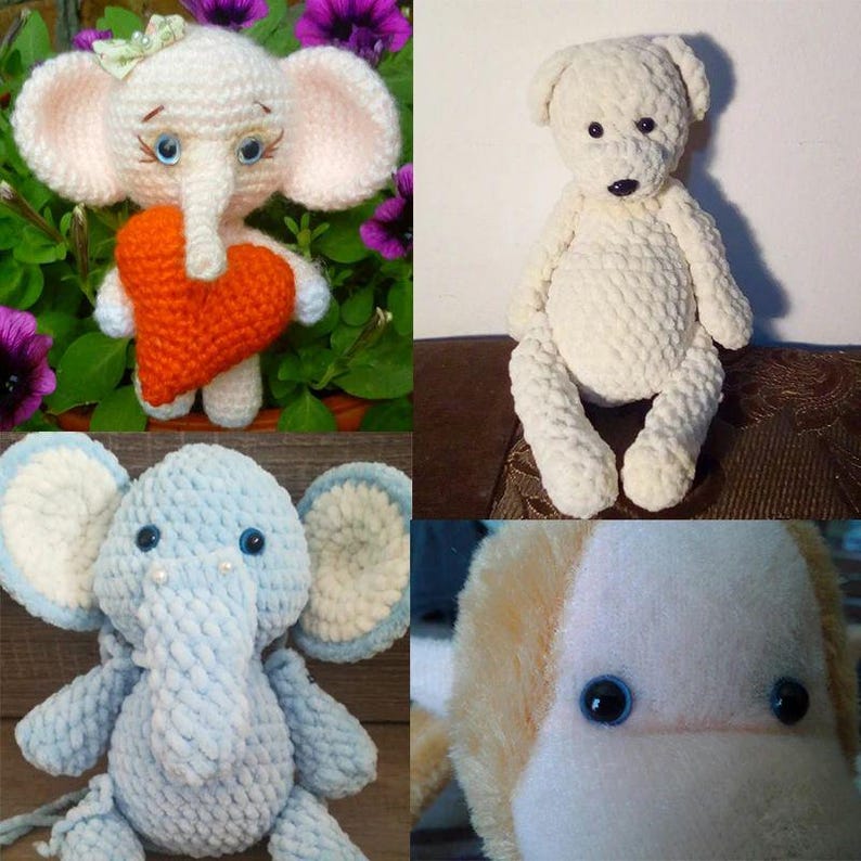 May include: A collage of four handmade plush toys. The top left shows a white crocheted elephant holding an orange heart. The top right shows a white teddy bear. The bottom left shows a blue elephant. The bottom right shows a dog.