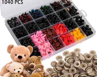Kit de 1040 piezas de ojos y narices de seguridad con arandelas, ojos de plástico de 6 mm a 12 mm para crochet, amigurumi, ositos de peluche, muñecos de peluche y manualidades.