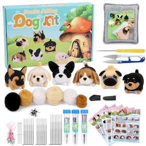 May include: A needle felting dog kit with various supplies. The kit includes a box with the words "Needle Felting Dog Kit" and several felted dog figures. Also included are needles, scissors, and wool in various colors.
