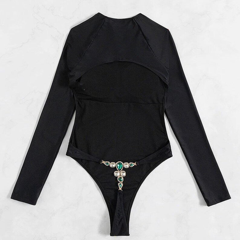 Rhinestones Diamond Bikini Long Sleeve One Piece Swimsuit Etsy