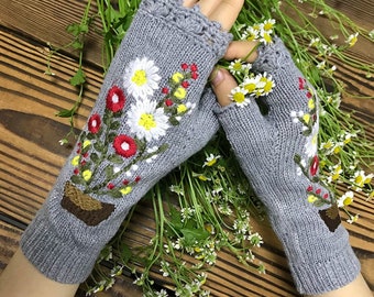 Women Winter Accessories Fingerless Gloves Mohair Knit Flower Hat and Fingerless Mittens Women Knit Set