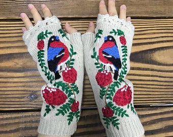 Mittens Bird Flower Embroidery Gloves/Winter Warm Gloves/Wool Knitted Adult Gloves/Knit Gloves/Hand warmer/Christmas Gloves/Hand embroidered