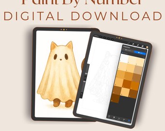 May include: Two digital tablets displaying a "Paint By Number DIGITAL DOWNLOAD" graphic. One tablet shows a ghost-like cat illustration, the other a line drawing with a color palette. The Procreate Compatible logo is at the bottom.