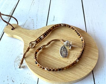 Pulsera rosario católico hecho a mano - Rosario de bolsillo de 5 décadas, cuentas de piedra natural, regalo de joyería religiosa