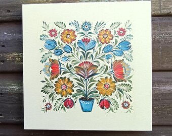 Pintura original de arte popular de Petrykivka – Acrílico Flores Pájaros Lienzo Boho Decoración del hogar