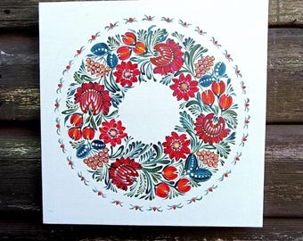 Lienzo Petrykivka pintado a mano: decoración bohemia con pájaros y flores