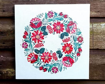 Pintura de arte popular Petrykivka hecha a mano – Acrílico Flores Pájaros Lienzo Boho Decoración del hogar