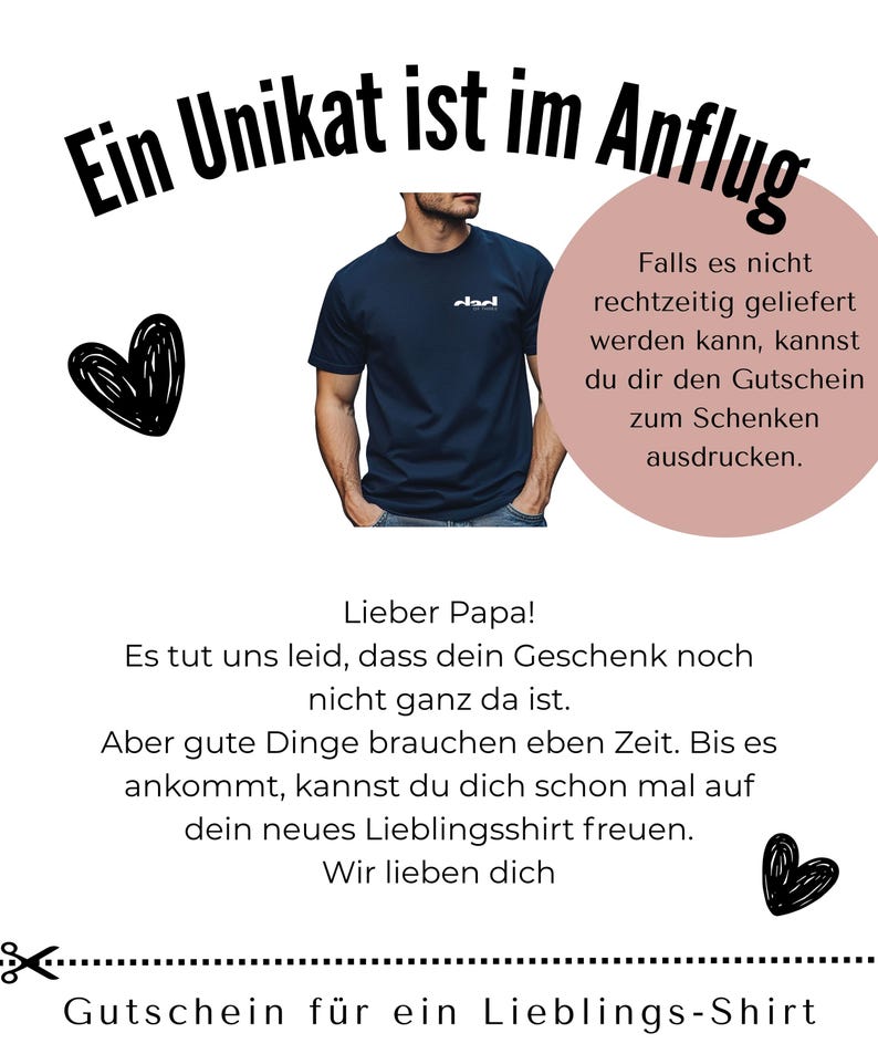 May include: Navy blue t-shirt with the word "dad" printed on the chest. The image includes text in German, a heart doodle, and a gift certificate for a favorite shirt.
