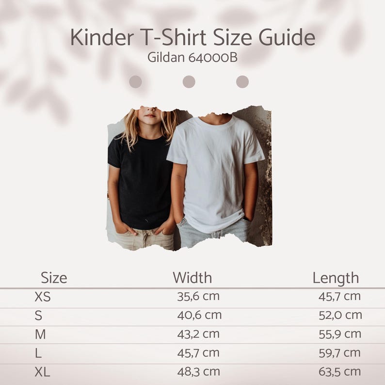 May include: A size guide for Gildan 64000B children's t-shirts. The guide shows the width and length in centimetres for sizes XS to XL. The image also shows two children wearing a black and a white t-shirt.