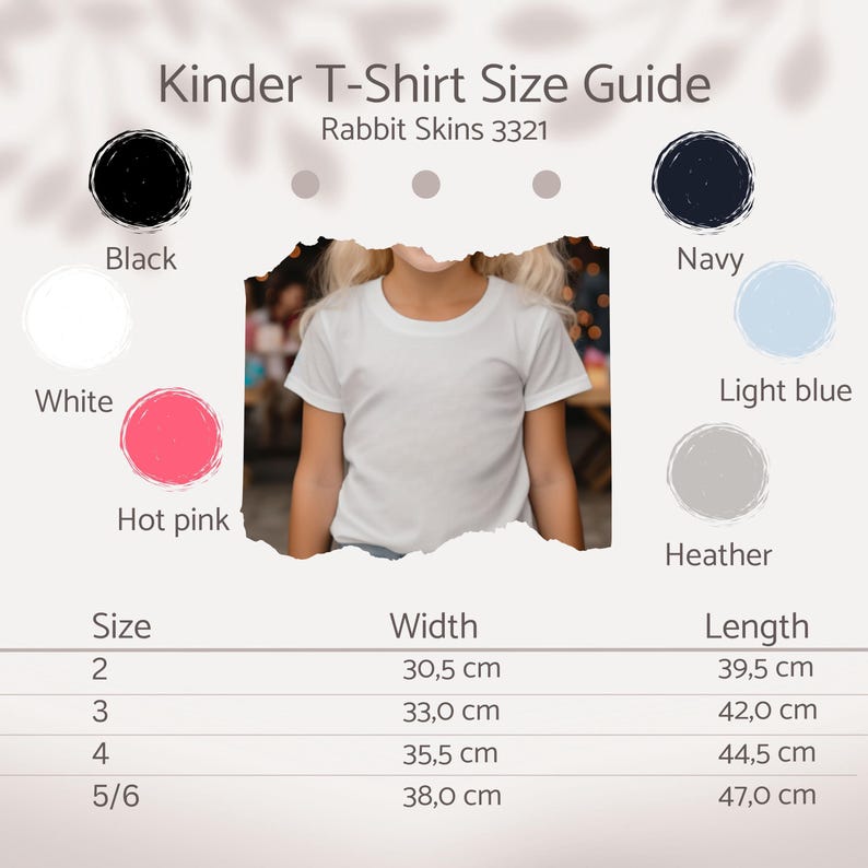 May include: A white t-shirt on a child, part of a size guide for Rabbit Skins 3321 shirts. The guide includes colour swatches in black, white, hot pink, navy, light blue, and heather. Measurements are provided in centimetres for sizes 2, 3, 4, and 5/6.