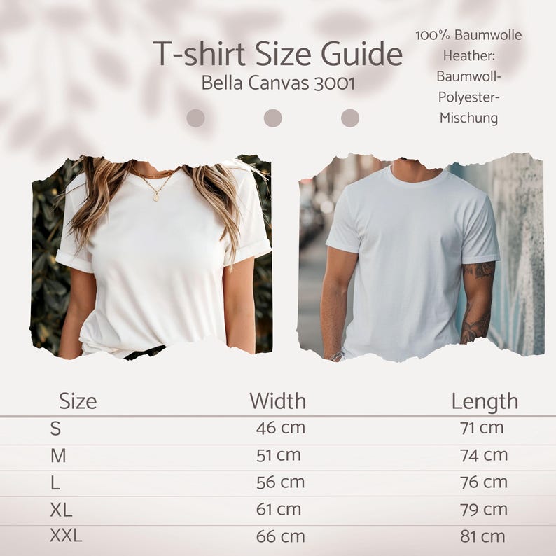 May include: T-shirt size guide for Bella Canvas 3001 shirts. The guide shows measurements for sizes S to XXL, with widths ranging from 46 cm to 66 cm and lengths from 71 cm to 81 cm. The shirts are made of 100% cotton or a cotton-polyester blend.