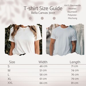May include: T-shirt size guide for Bella Canvas 3001 shirts. The guide shows measurements for sizes S to XXL, with widths ranging from 46 cm to 66 cm and lengths from 71 cm to 81 cm. The shirts are made of 100% cotton or a cotton-polyester blend.