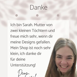 May include: A smiling woman with long brown hair is featured in a photo with text that reads "Danke" and a message from Sarah, thanking customers for their support. The background has a soft, blurred floral design.