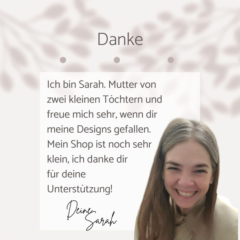 May include: A digital image featuring the German word "Danke" at the top, meaning "Thank you." Below the word is a message from Sarah, thanking customers for their support. A smiling woman is in the bottom right corner.