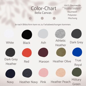 May include: Color chart from Bella Canvas, featuring a variety of fabric colors. Colors include white, black, ash, athletic heather, dark grey, red, maroon, heather olive, true royal, navy, heather navy, pink, heather peach, and military green.