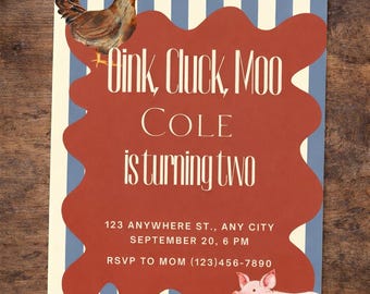 Editable Farm Birthday Invitation | Oink Cluck Moo Party Invite | Farm Animal Birthday | Printable Birthday Invitation | Template