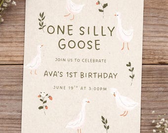 One Silly Goose Birthday Invitation | Goose First Birthday Invite | Cute Goose Party | Printable Birthday Invitation | Instant Download