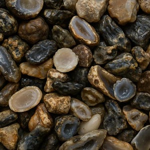 May include: A collection of polished stones in various shapes and sizes. The stones display a range of colors, including brown, gray, and white, with some featuring internal crystal formations. The image showcases a natural, earthy aesthetic.
