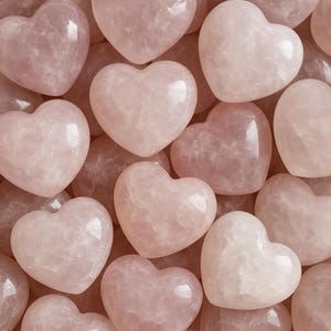 May include: A collection of polished rose quartz hearts in varying shades of pink. The hearts are smooth and glossy, with subtle variations in color and texture. The arrangement is close-up, showcasing the natural beauty of the stones.