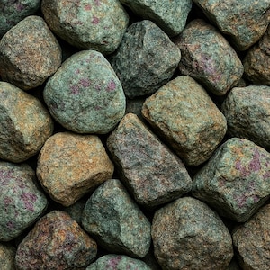 May include: Close-up of a collection of natural stones. The stones vary in size and shape, with a mix of green, brown, and gray hues. Some stones have visible red flecks. The arrangement creates a textured, organic pattern.