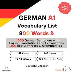 German A1 Vocabulary List | 800 Words + 1000 Example Sentences | Grammar Tips, English Meanings | PDF Printable | Digital download word list