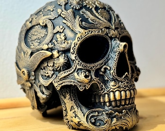 Skull Sculpture | Gothic Dark Decor, Hand-Painted Gold Detail