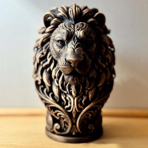 Peut inclure: Une sculpture de tête de lion couleur bronze présentant des motifs en filigrane tourbillonnants complexes sur toute la crinière et les traits du visage. La statue possède une finition sombre et patinée qui souligne les détails sculptés.
