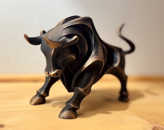 3D Printed Charging Bull Sculpture | Modern Metallic Animal Figurine, Desk Decor
