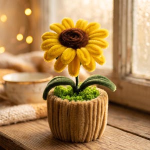 Pode incluir: Um girassol artesanal feito de limpadores de cachimbo amarelos e castanhos, com um centro castanho escuro e pétalas amarelo-brilhante. A flor tem duas folhas verdes e está num vaso canelado de cor bege, preenchido com musgo verde.
