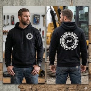 Puede incluir: Sudadera con capucha negra con un bolsillo delantero y un logotipo circular que dice "150". La parte posterior de la sudadera presenta un diseño circular más grande con el texto "International Union of Operating Engineers" y "150".