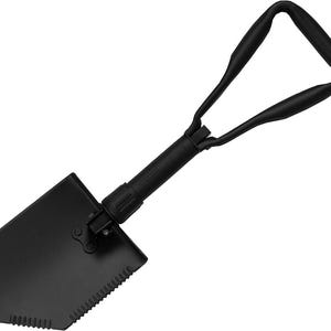 May include: A black folding shovel with a serrated edge on one side of the blade. The handle is a D-shaped design for easy gripping. The shovel is made of metal and is designed for outdoor use.