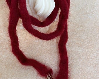 Red Angora Wrap Necklace, Baroque Pearl Lariat, 18k Gold Detail