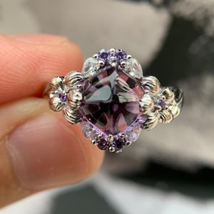 Vintage Sugarloaf Amethyst Iris Ring, D Color Moissanite, Floral Engagement Statement Jewelry