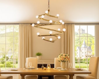 Nordic Rustic Tree Branch Chandelier Spiral Wood Metal Glass Farmhouse Dining Room Light Fixture
