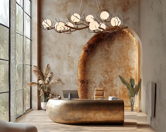 Nordic Tree Retro Moon Chandelier rustic farmhouse ceiling light, handmade resin wood style fixture for dining room or living décor