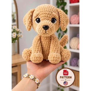 Modèle PDF au crochet d'un Golden Retriever, tutoriel numérique d'amigurumi pour chiot, peluche chien à faire soi-même