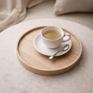 May include: A white teacup and saucer with a silver spoon rest on a light-colored wooden tray. The cup is filled with a light-colored liquid, likely tea. The tray sits on a light-colored surface, suggesting a relaxing setting.