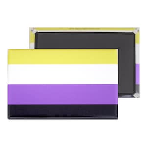 May include: Rectangular magnet featuring the non-binary pride flag design. The flag has horizontal stripes in yellow, white, purple, and black. The magnet is rectangular with a glossy finish and a black magnetic backing.