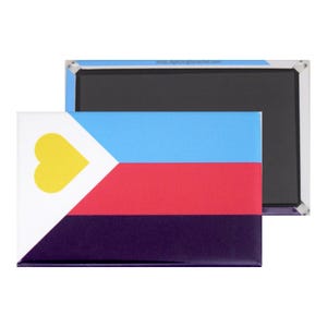 May include: Rectangular magnet with a colorful design. The design features a white triangle with a yellow heart, a light blue section, a red section, and a dark purple section. The magnet is rectangular with a black magnetic backing.