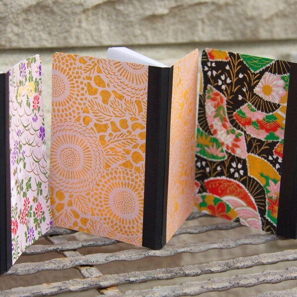 3 Pink floral, Black Fans and Orange Traditional Asian Washi paper lined notebooks