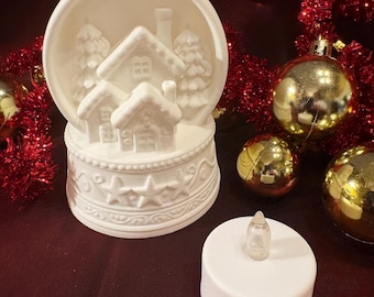 Lighted Winter Village Snow Globe Ornament – 3D Printed, LED Tea Light Included