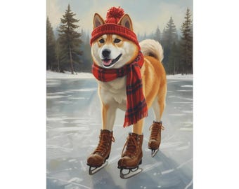 Può includere: Un cane Shiba Inu con un cappello di lana rosso con un pompon, una sciarpa a quadri rossa e pattini da ghiaccio marroni. Il cane è su una pista di pattinaggio con uno sfondo di foresta innevata. L'opera d'arte ha uno stile pittorico.