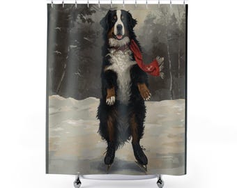 Bernese Mountain Dog Ice Skating Shower Curtain: Winter Holiday Decor