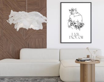 I Am Enough Wall Art – Minimalist Line Art Print | Empowering Self-Love Printable Poster | Modern Affirmation Decor for Home or Office