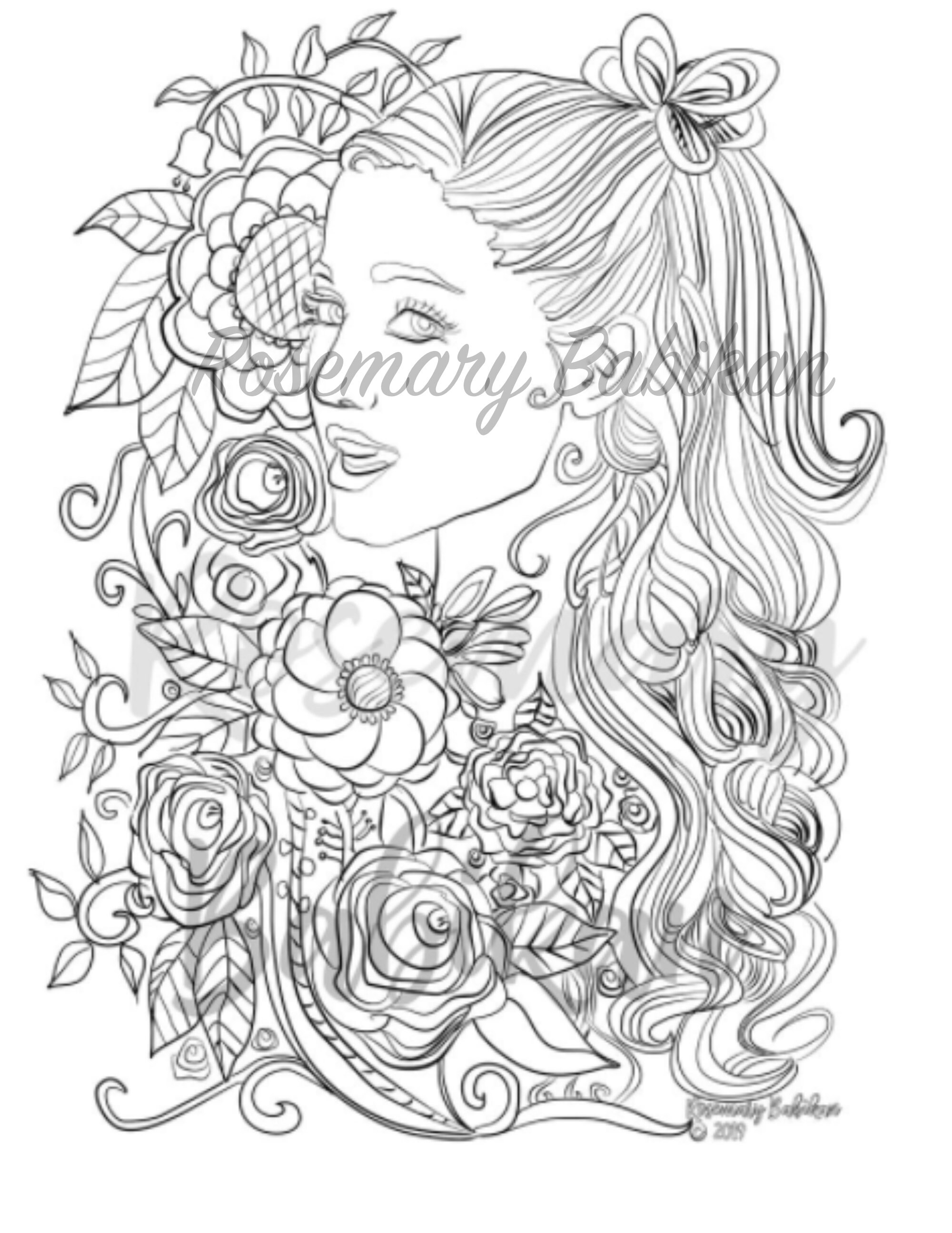 Instant Digital Download, Adult Coloring Page, Inspired by Ariana Grande  and Flowers and Roses, 20 DPI in JPEG, 20..20 x 20 inches.