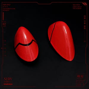 Asuka Langley and Rei Ayanami Hair Clip Interface Headset Set inspired by Neon Genesis Evangelion. Fan-made 3D printed cosplay prop accessories with glossy red and white finish, detailed black panel lines, and durable metal hair clips. Perfect for Evangelion cosplay, anime conventions, photoshoots, costume accessories, display collections, fan gifts, and collectors. Unofficial handmade accessory inspired by the iconic anime series.