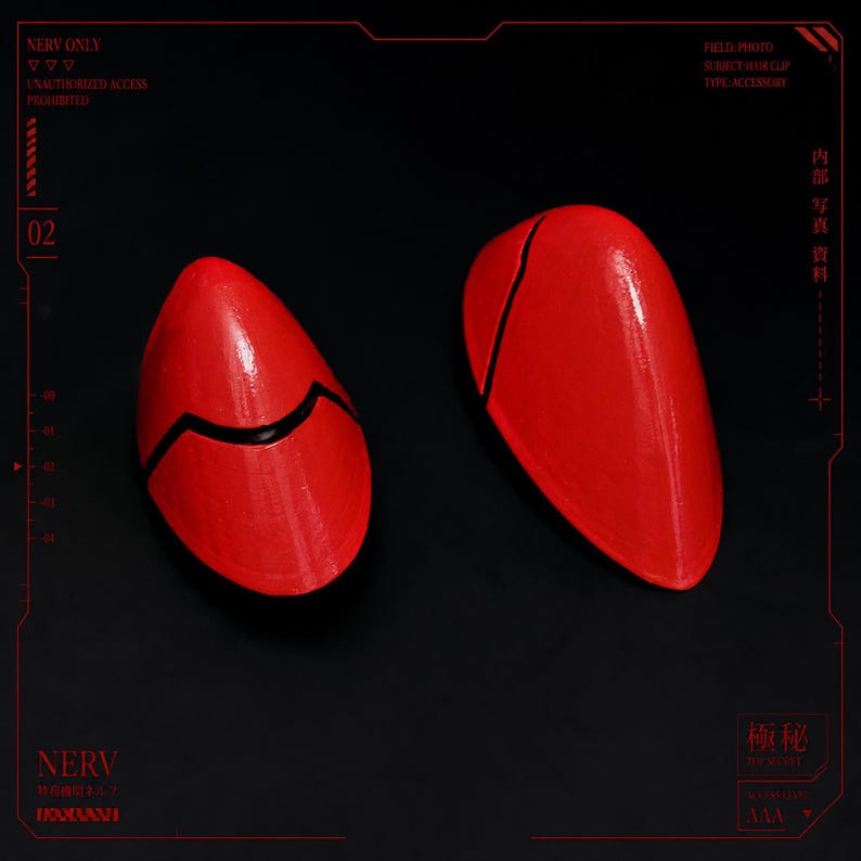 Asuka Langley and Rei Ayanami Hair Clip Interface Headset Set inspired by Neon Genesis Evangelion. Fan-made 3D printed cosplay prop accessories with glossy red and white finish, detailed black panel lines, and durable metal hair clips. Perfect for Evangelion cosplay, anime conventions, photoshoots, costume accessories, display collections, fan gifts, and collectors. Unofficial handmade accessory inspired by the iconic anime series.