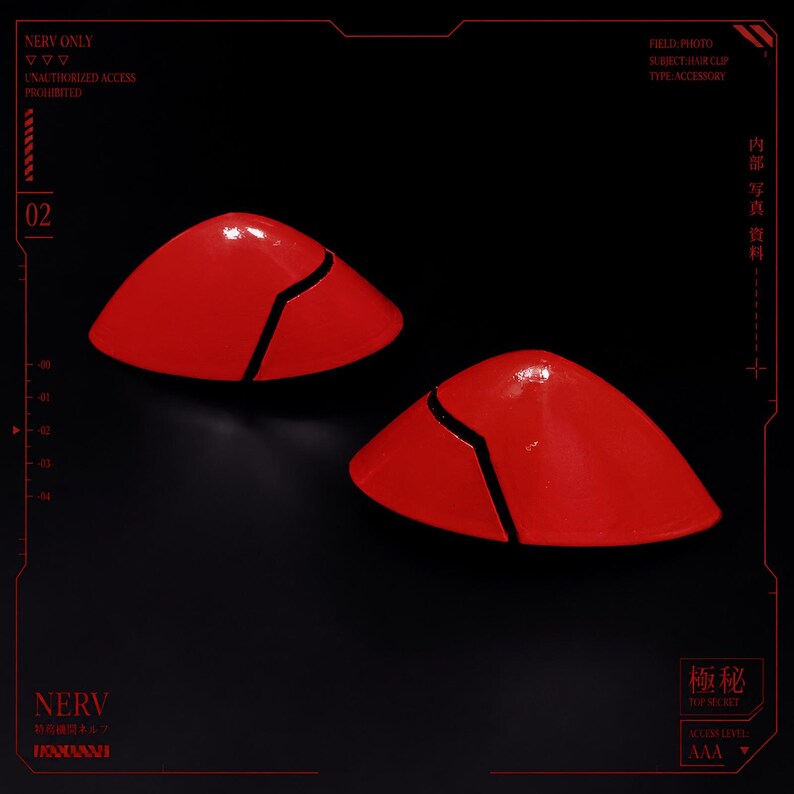 Asuka Langley and Rei Ayanami Hair Clip Interface Headset Set inspired by Neon Genesis Evangelion. Fan-made 3D printed cosplay prop accessories with glossy red and white finish, detailed black panel lines, and durable metal hair clips. Perfect for Evangelion cosplay, anime conventions, photoshoots, costume accessories, display collections, fan gifts, and collectors. Unofficial handmade accessory inspired by the iconic anime series.