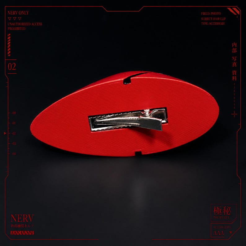 Asuka Langley and Rei Ayanami Hair Clip Interface Headset Set inspired by Neon Genesis Evangelion. Fan-made 3D printed cosplay prop accessories with glossy red and white finish, detailed black panel lines, and durable metal hair clips. Perfect for Evangelion cosplay, anime conventions, photoshoots, costume accessories, display collections, fan gifts, and collectors. Unofficial handmade accessory inspired by the iconic anime series.