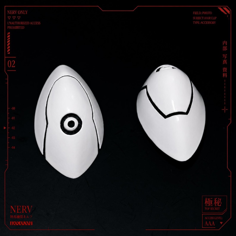 Asuka Langley and Rei Ayanami Hair Clip Interface Headset Set inspired by Neon Genesis Evangelion. Fan-made 3D printed cosplay prop accessories with glossy red and white finish, detailed black panel lines, and durable metal hair clips. Perfect for Evangelion cosplay, anime conventions, photoshoots, costume accessories, display collections, fan gifts, and collectors. Unofficial handmade accessory inspired by the iconic anime series.